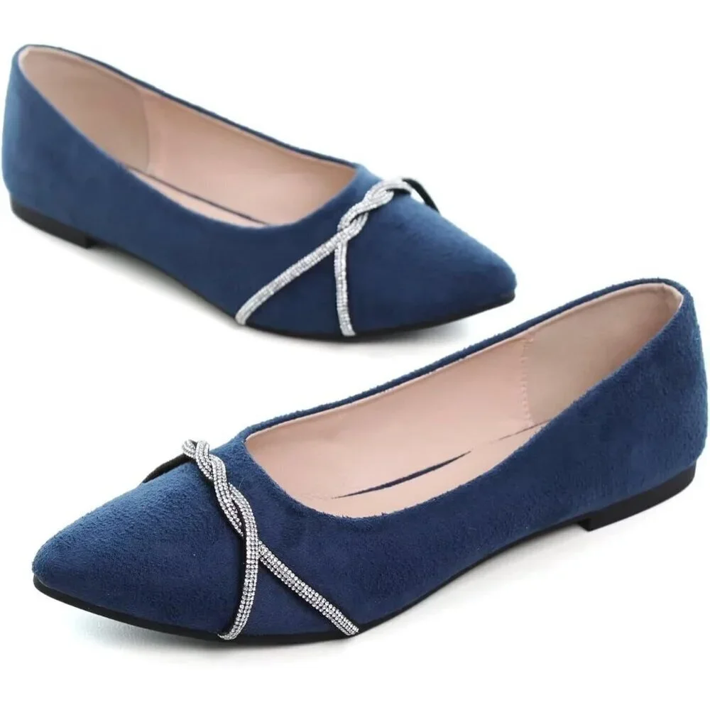 Women's Blue Casual Flats Fashion Chain Pointed Toe Ballet Flat Rhinestone